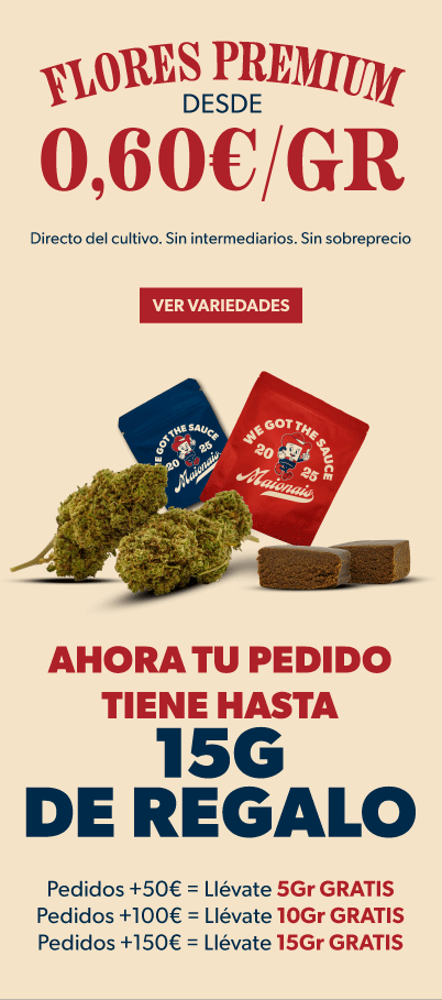 Flores premium desde 0,60 €/gr. Directo del cultivo, sin intermediarios, sin sobreprecio. Ver variedades. Ahora tu pedido tiene hasta 15 g de regalo: +50 € llévate 5 g, +100 € llévate 10 g, +150 € llévate 15 g